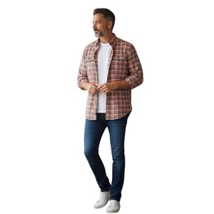 Age of Wisdom Plaid Oxford Men XXL Linen Blend Long Sleeve Orange Gray Button Up